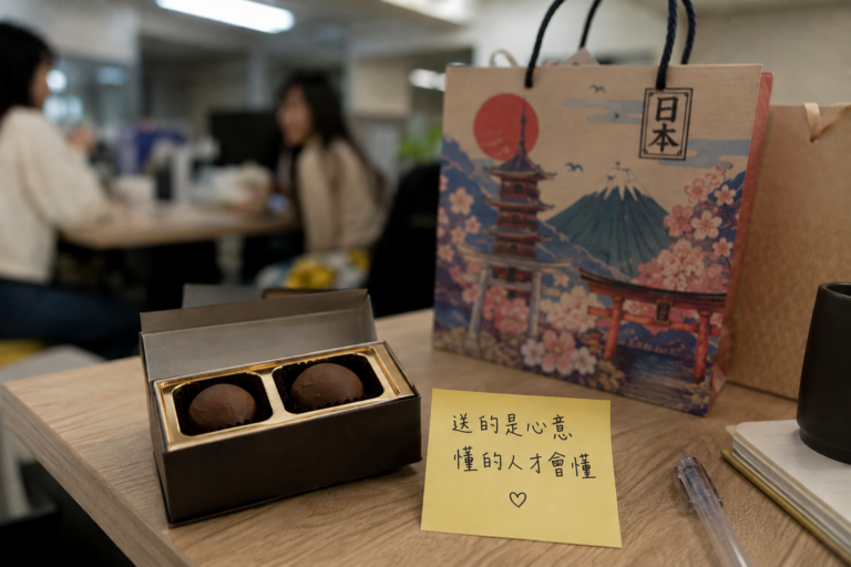 辦公室桌上擺放著來自日本的伴手禮，兩位女同事正在討論是否要將伴手禮分享給辦公室所有同仁。照片呈現文章中的真實情境，透過一場關於伴手禮的對話，引發對送禮文化、人際關係、心意、價值觀與每個人理解世界規則不同的深刻思考。